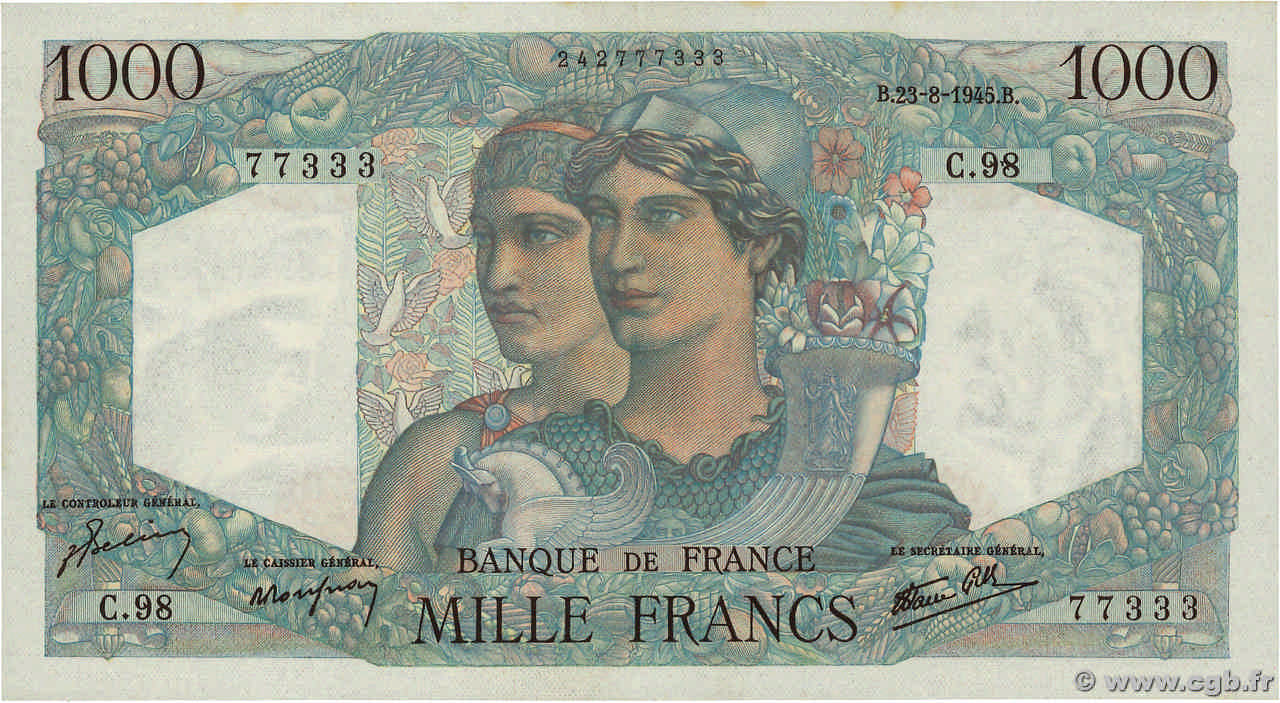 1000 Francs MINERVE ET HERCULE FRANCE  1945 F.41.07 SUP+