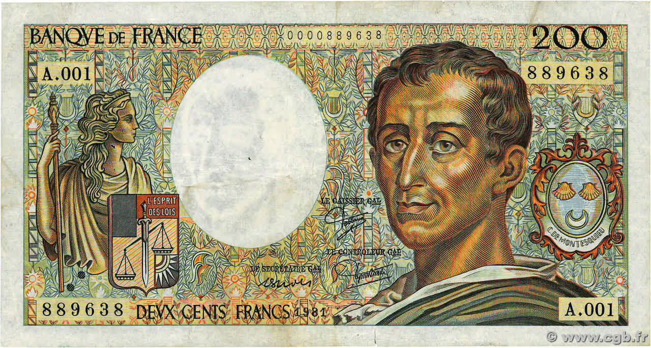 200 Francs MONTESQUIEU FRANCE  1981 F.70.01A1 TB