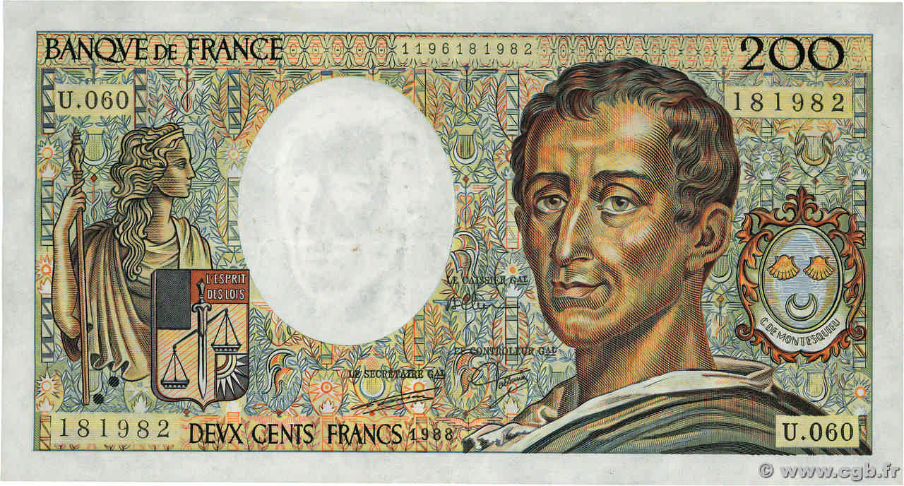 200 Francs MONTESQUIEU FRANCIA  1988 F.70.08 MBC