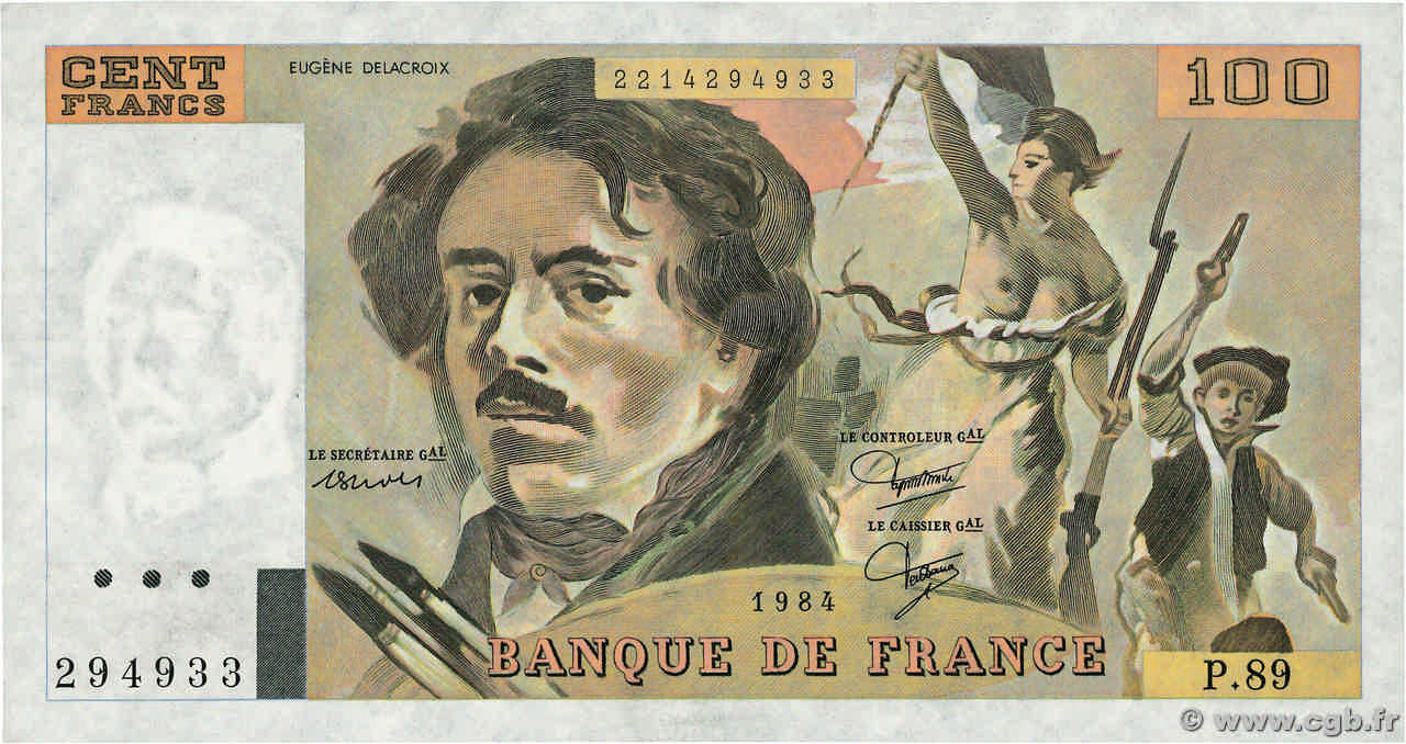 100 Francs DELACROIX modifié FRANCE  1984 F.69.08b SPL+