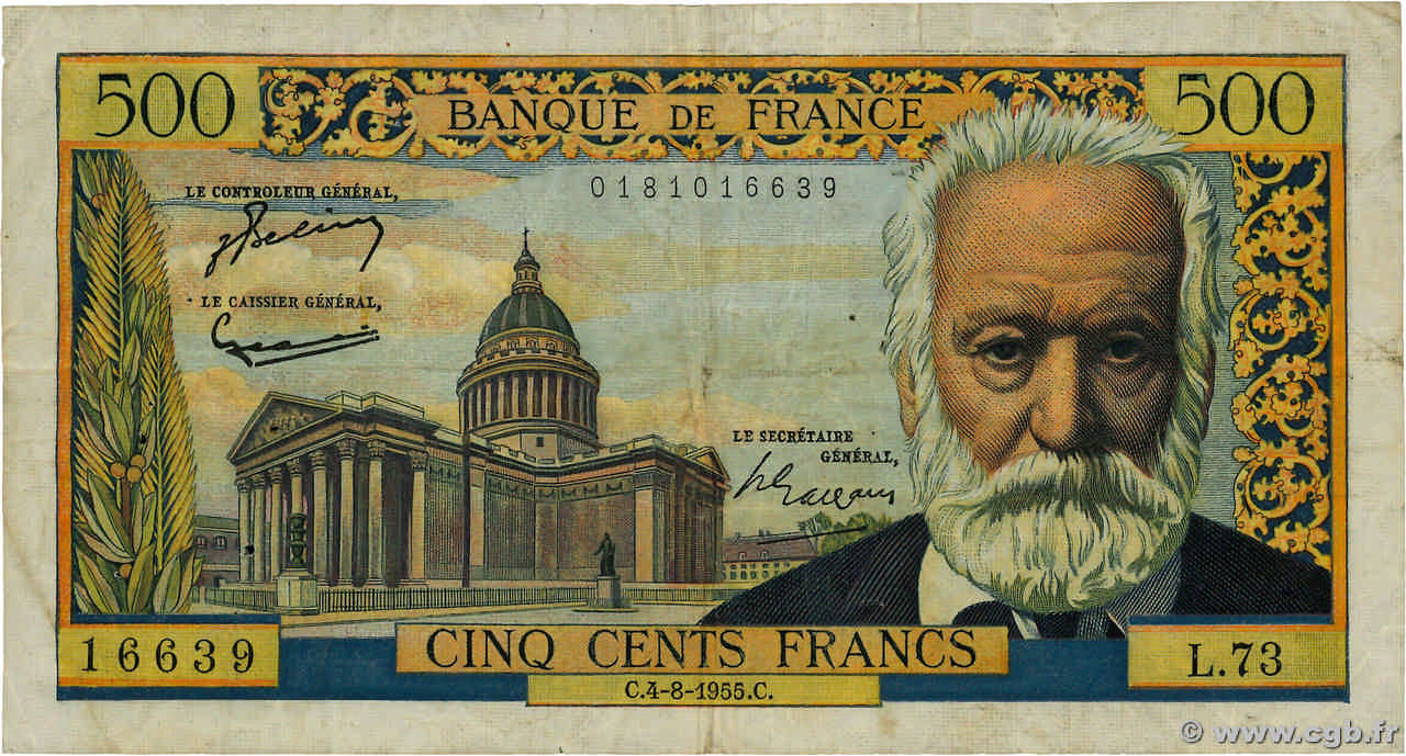 500 Francs VICTOR HUGO FRANCE  1955 F.35.05 TB