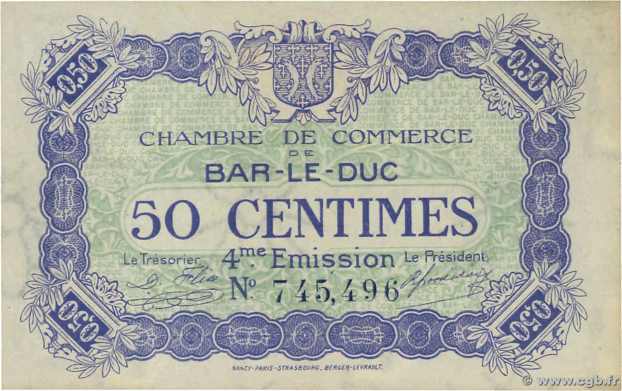 50 Centimes FRANCE régionalisme et divers Bar-Le-Duc 1917 JP.019.13 NEUF