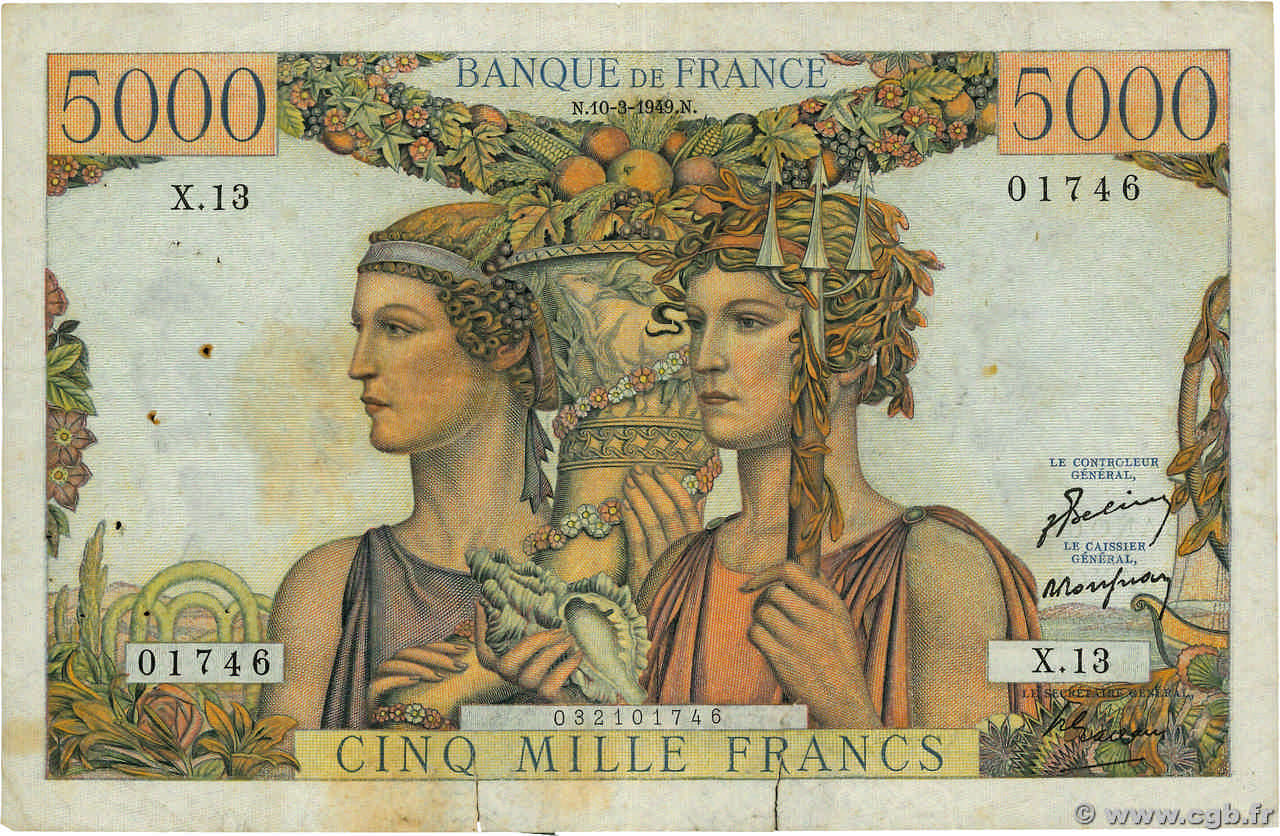 5000 Francs TERRE ET MER FRANKREICH  1949 F.48.01 fS