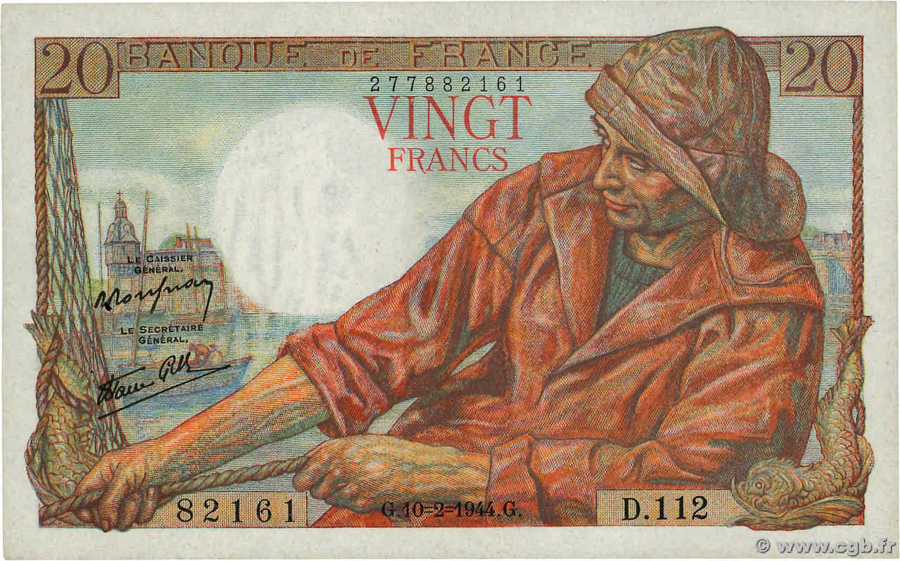 20 Francs PÊCHEUR FRANCE  1944 F.13.08 SUP+