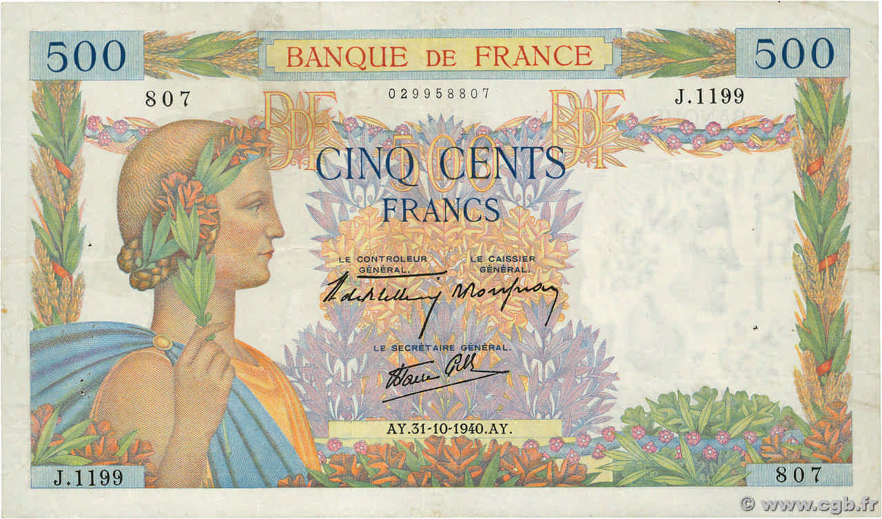 500 Francs LA PAIX FRANCE  1940 F.32.08 TTB