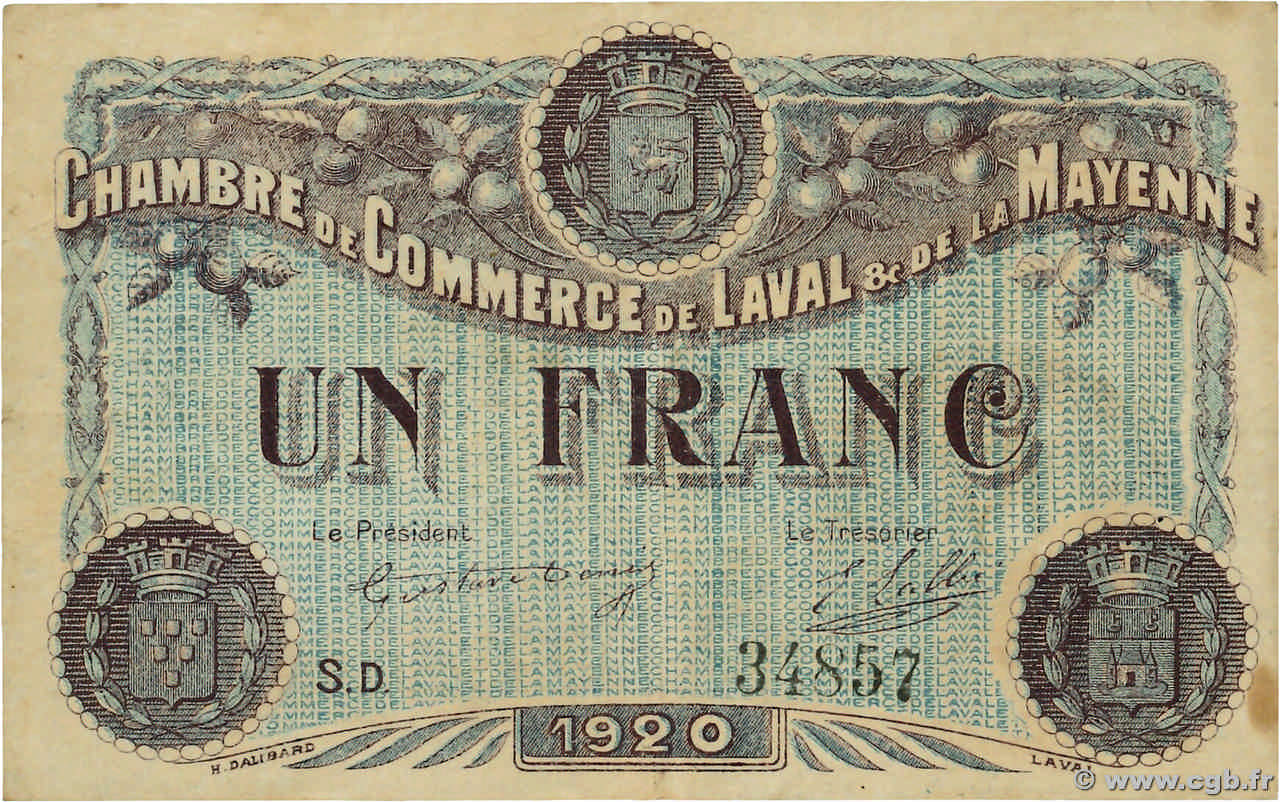 1 Franc FRANCE régionalisme et divers Laval 1920 JP.067.05 pr.TTB