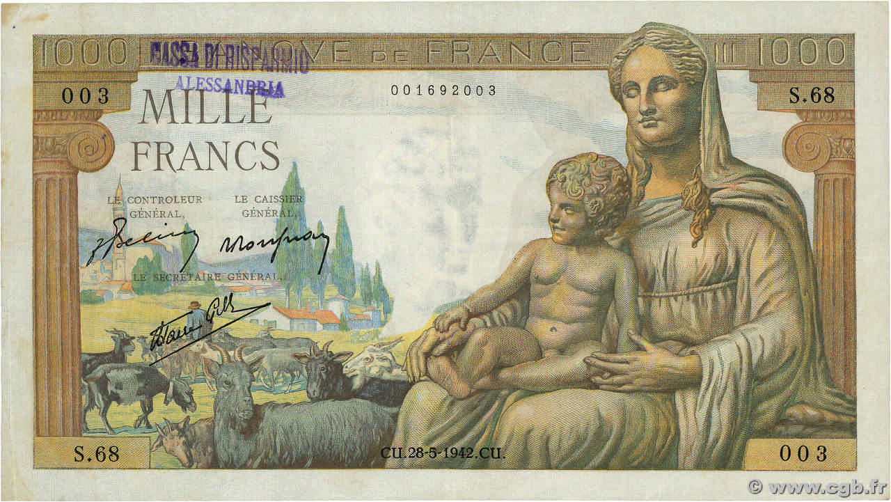 1000 Francs DÉESSE DÉMÉTER FRANCE  1942 F.40.01 TTB+