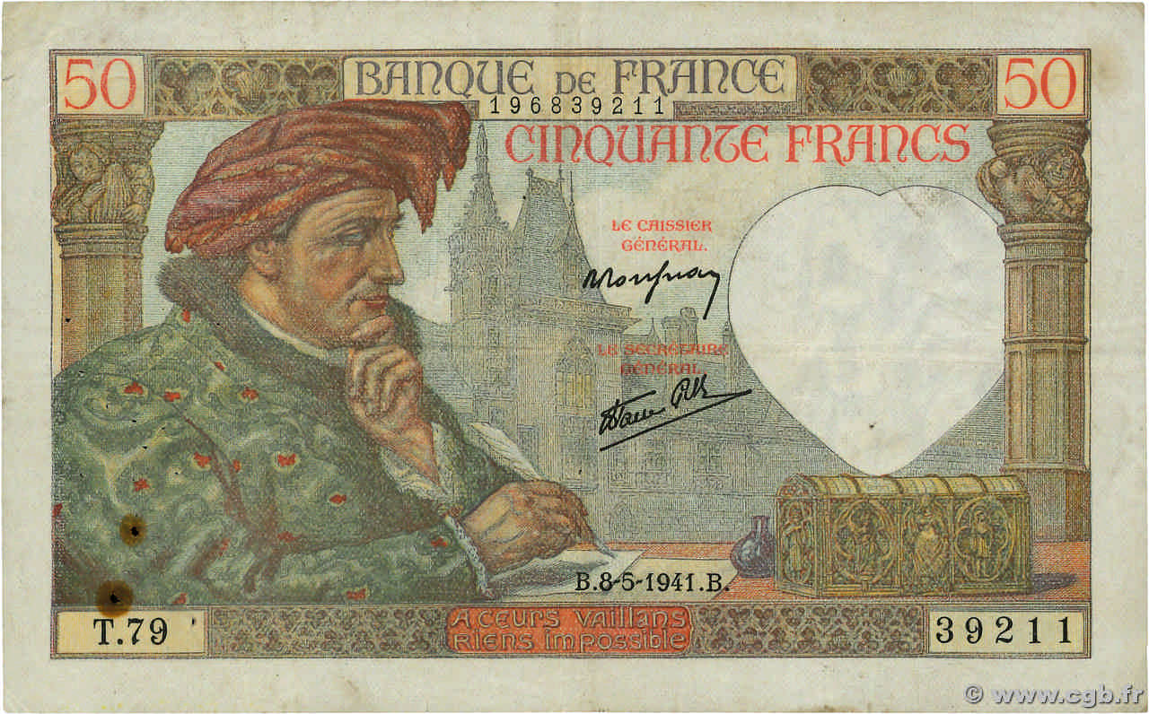 50 Francs JACQUES CŒUR FRANCE  1941 F.19.10 TB+