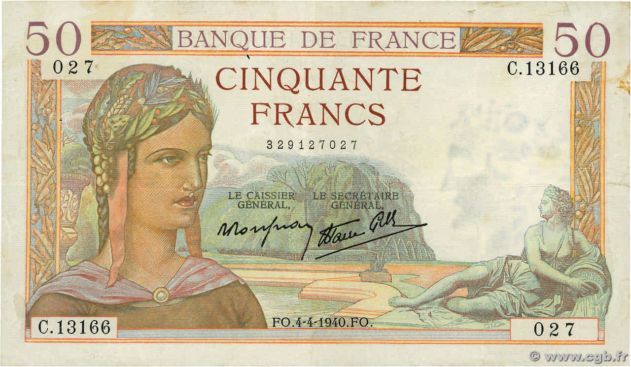 50 Francs CÉRÈS modifié FRANCE  1940 F.18.42 TTB
