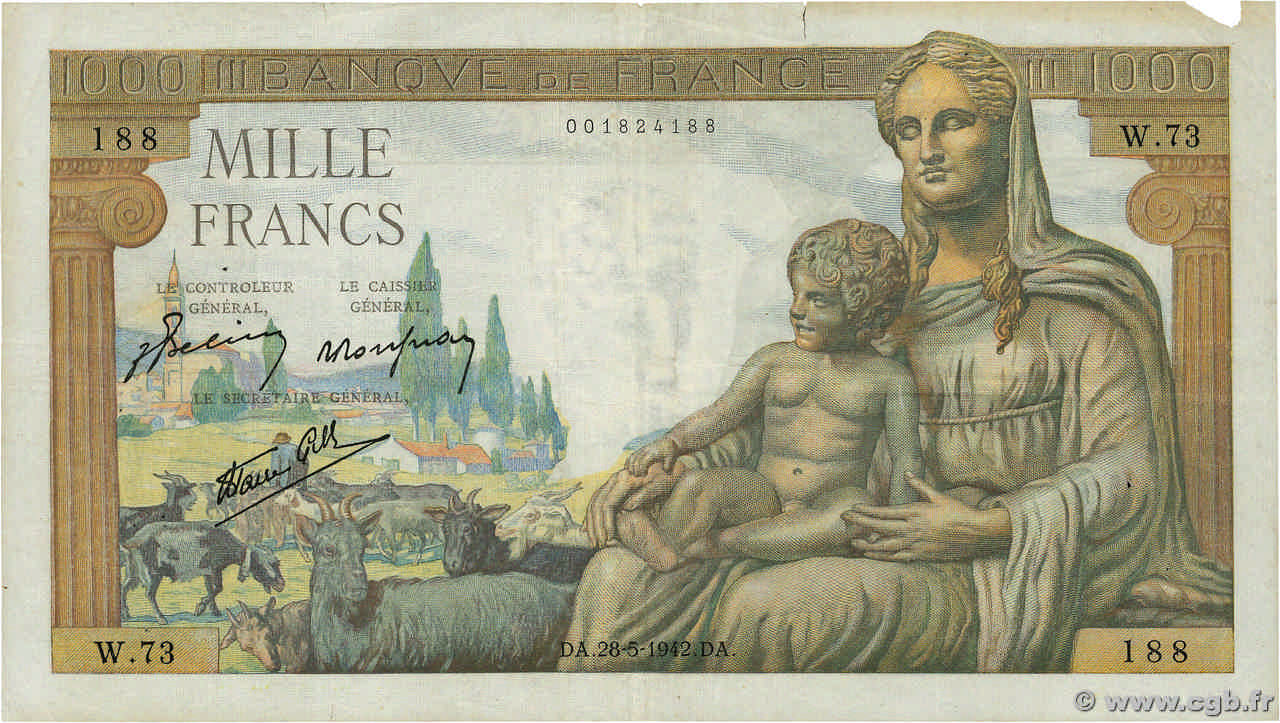 1000 Francs DÉESSE DÉMÉTER FRANCE  1942 F.40.01 TB