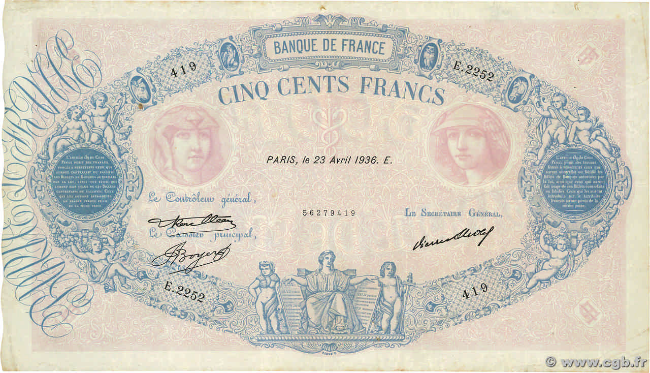 500 Francs BLEU ET ROSE FRANCIA  1936 F.30.37 BC+