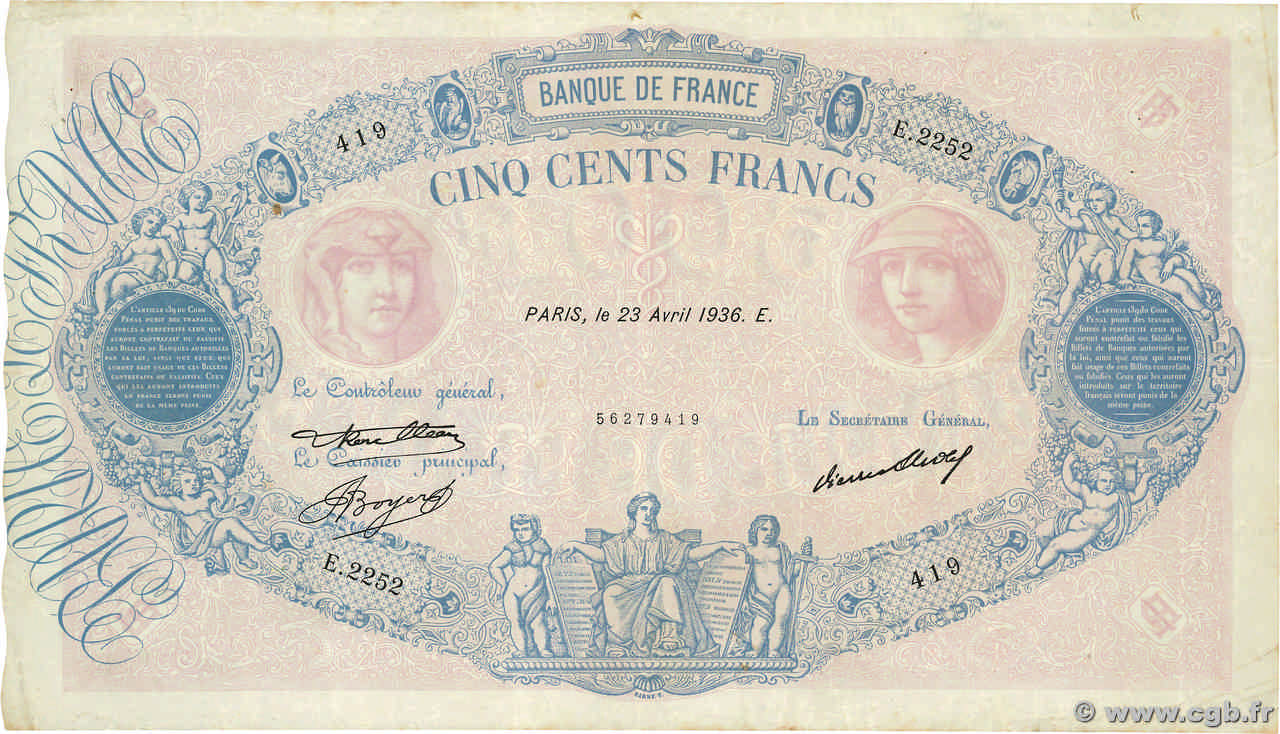 500 Francs BLEU ET ROSE FRANCIA  1936 F.30.37 q.BB