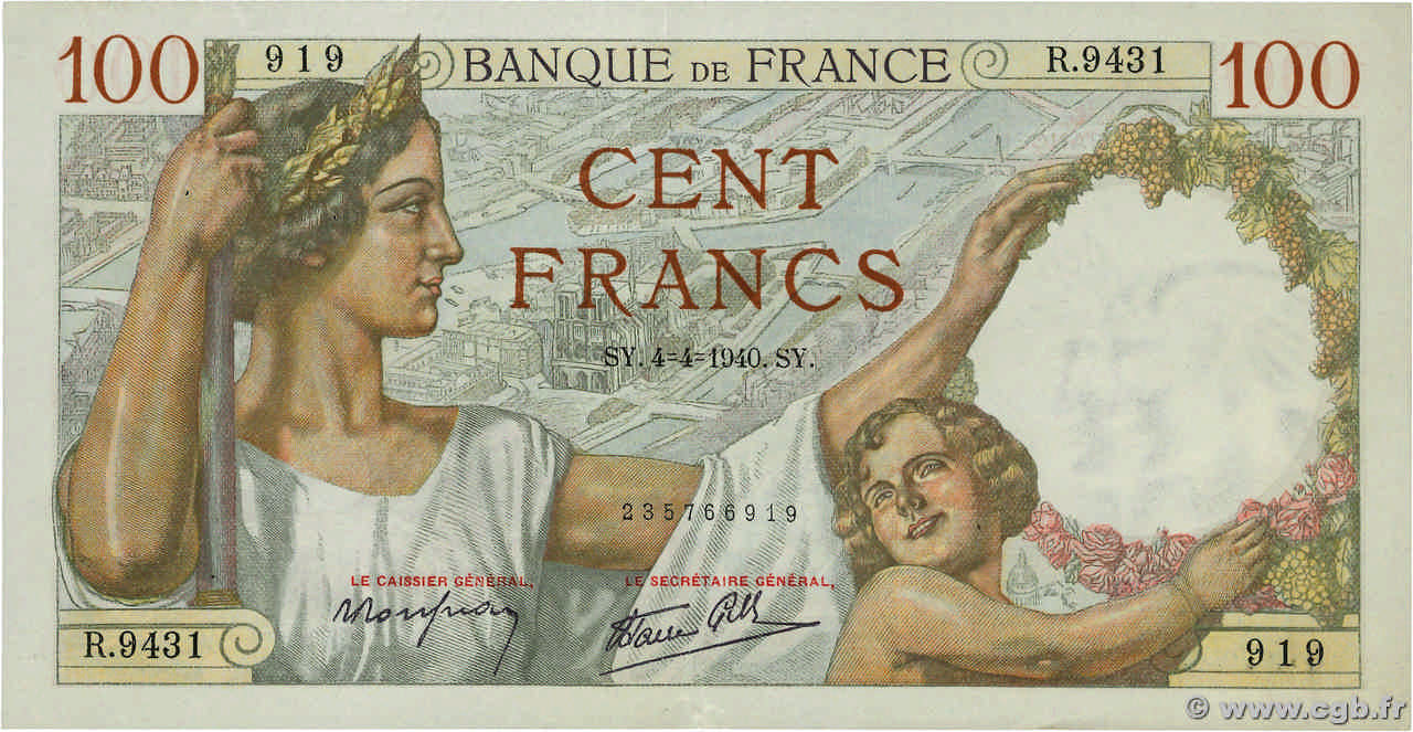 100 Francs SULLY FRANCE  1940 F.26.26 pr.SUP