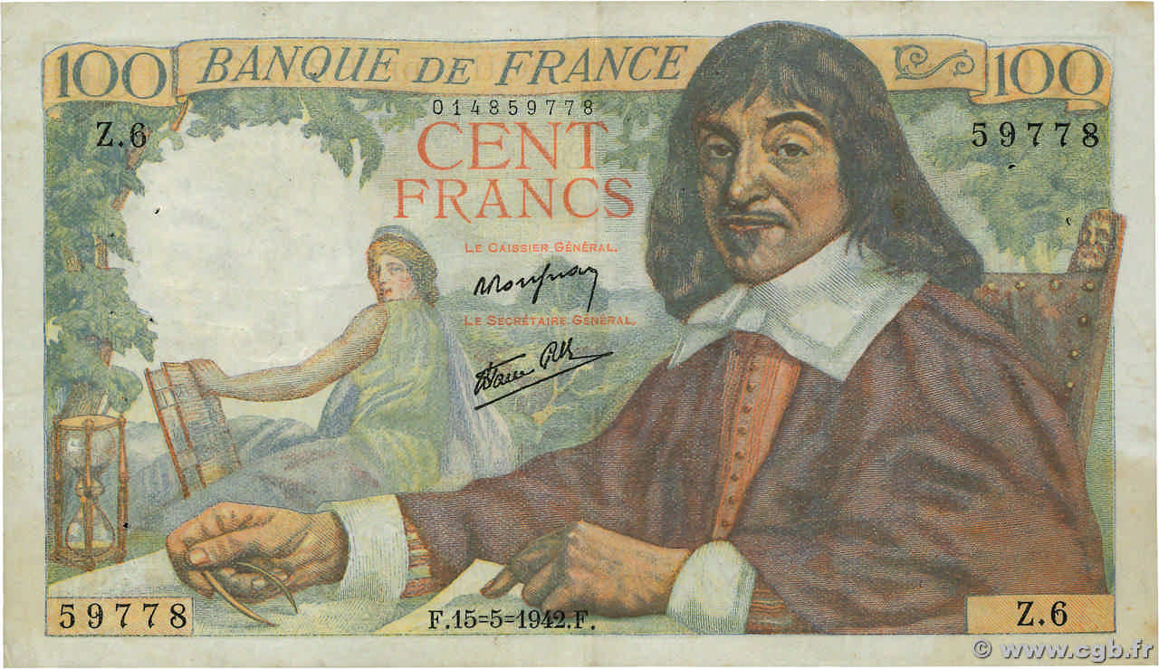 100 Francs DESCARTES FRANCE  1942 F.27.01 TB+