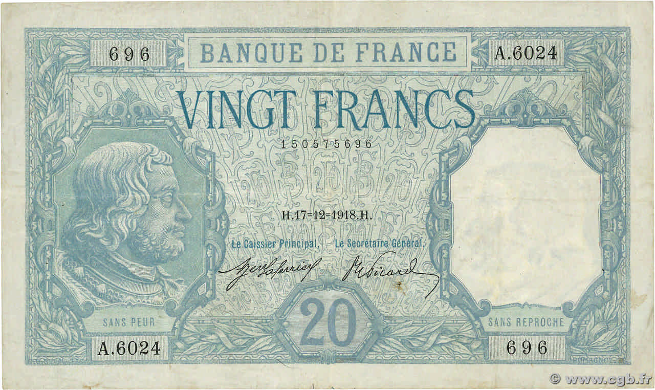 20 Francs BAYARD FRANCE  1918 F.11.03a pr.TTB
