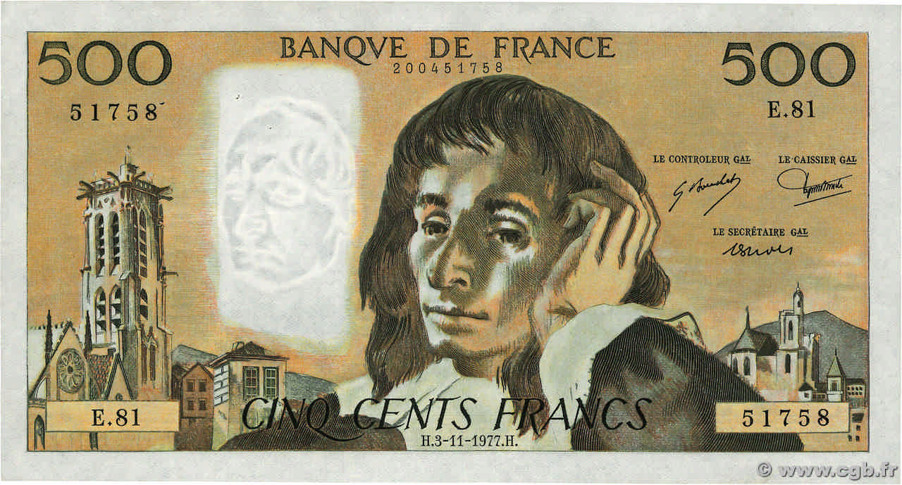 500 Francs PASCAL FRANCE  1977 F.71.17 TTB+