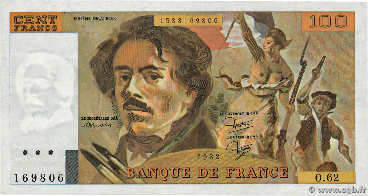 100 Francs DELACROIX modifié FRANCE  1982 F.69.06 SUP
