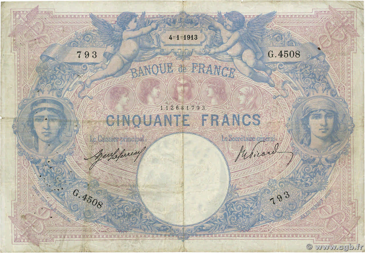 50 Francs BLEU ET ROSE FRANCE  1913 F.14.26 TB