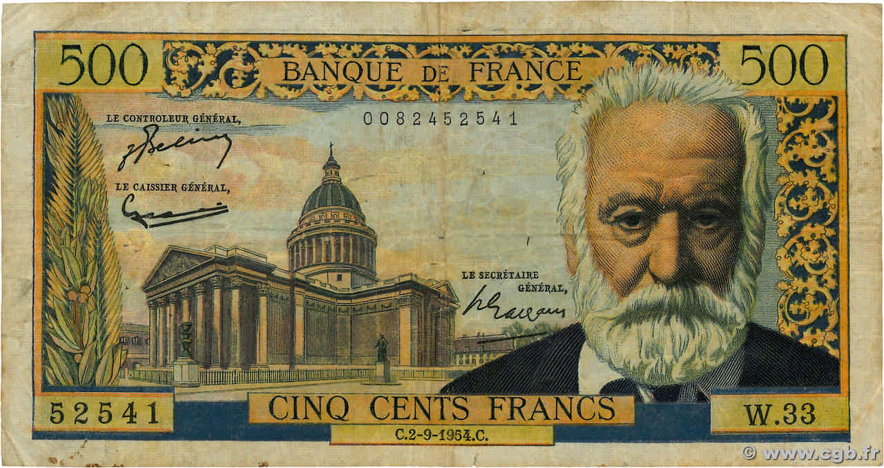 500 Francs VICTOR HUGO FRANCE  1954 F.35.03 B+