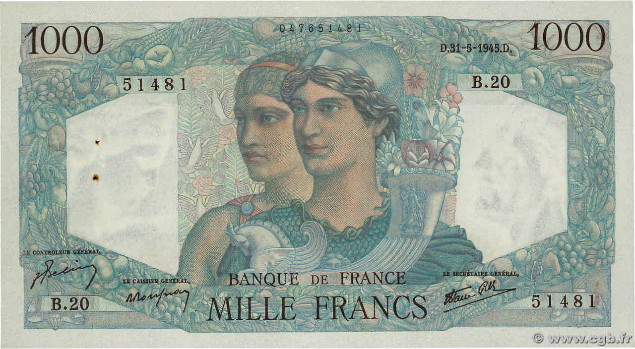 1000 Francs MINERVE ET HERCULE FRANCE  1945 F.41.03 SUP+