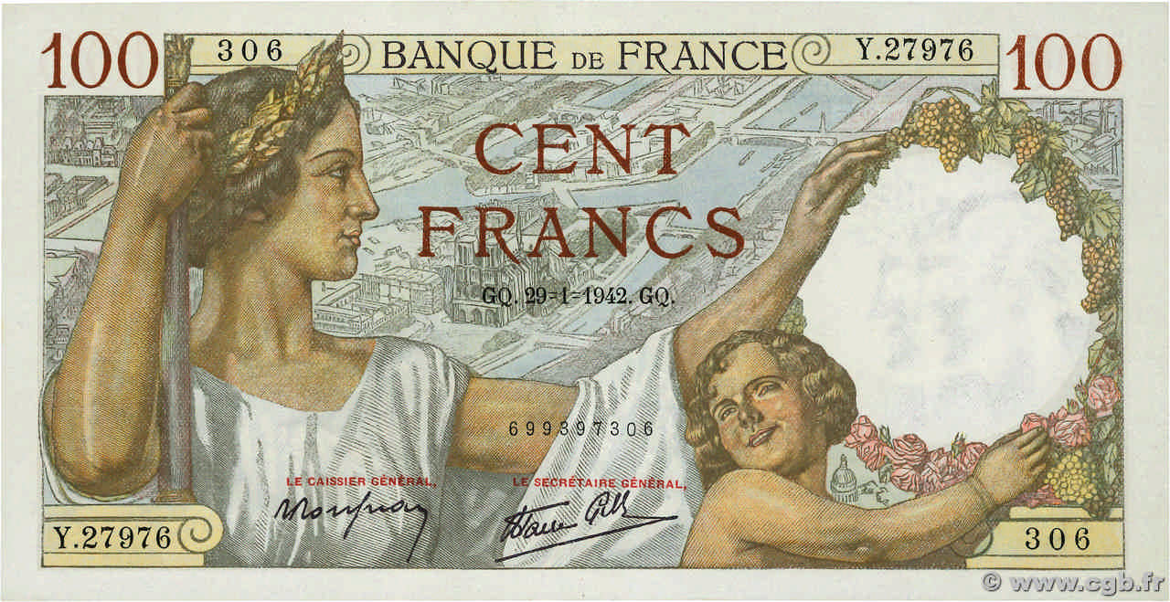 100 Francs SULLY FRANCE  1942 F.26.65 pr.NEUF