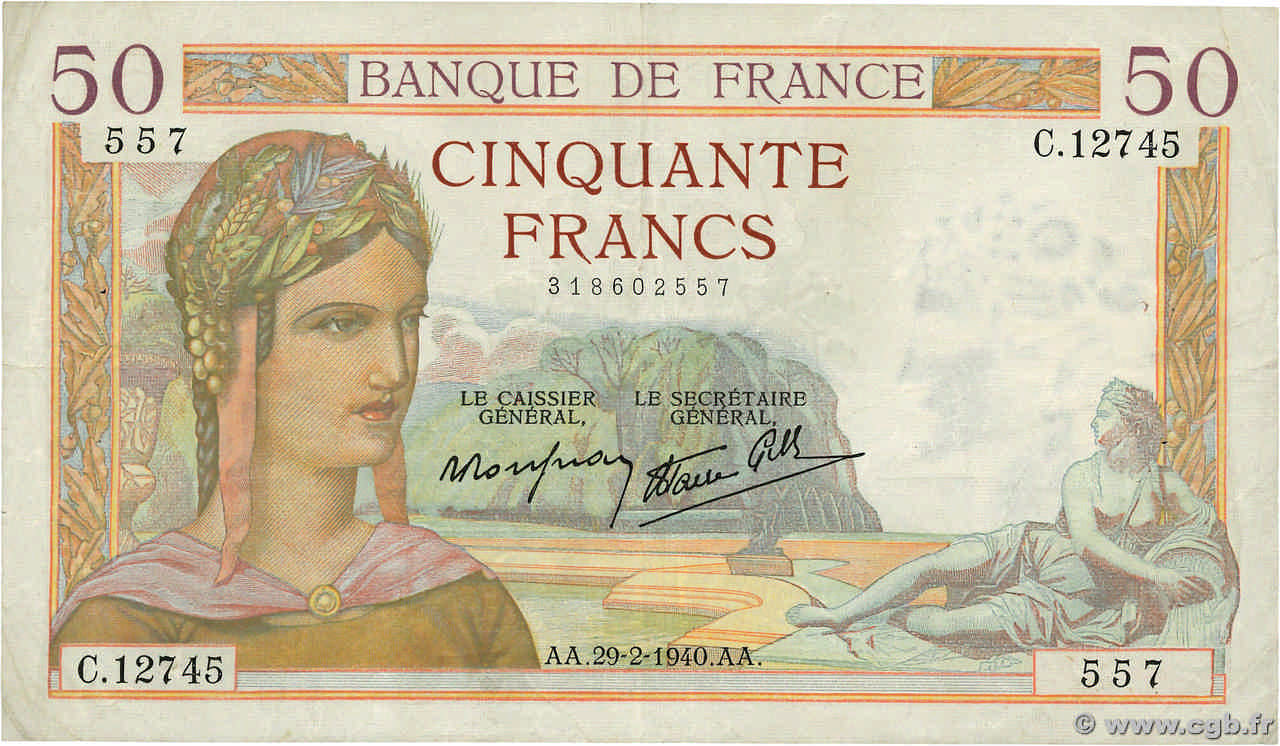 50 Francs CÉRÈS modifié FRANCE  1940 F.18.40 TTB
