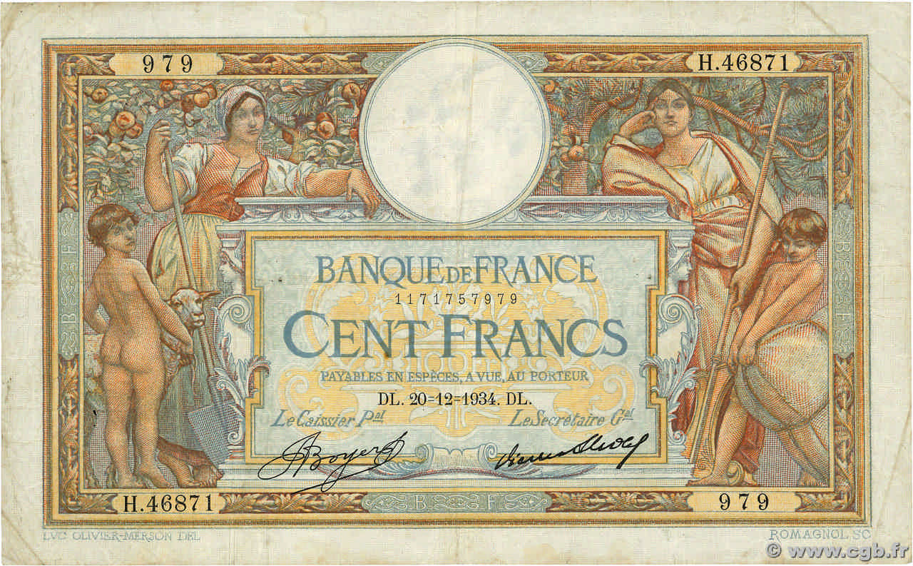 100 Francs LUC OLIVIER MERSON grands cartouches FRANCE  1934 F.24.13 TB