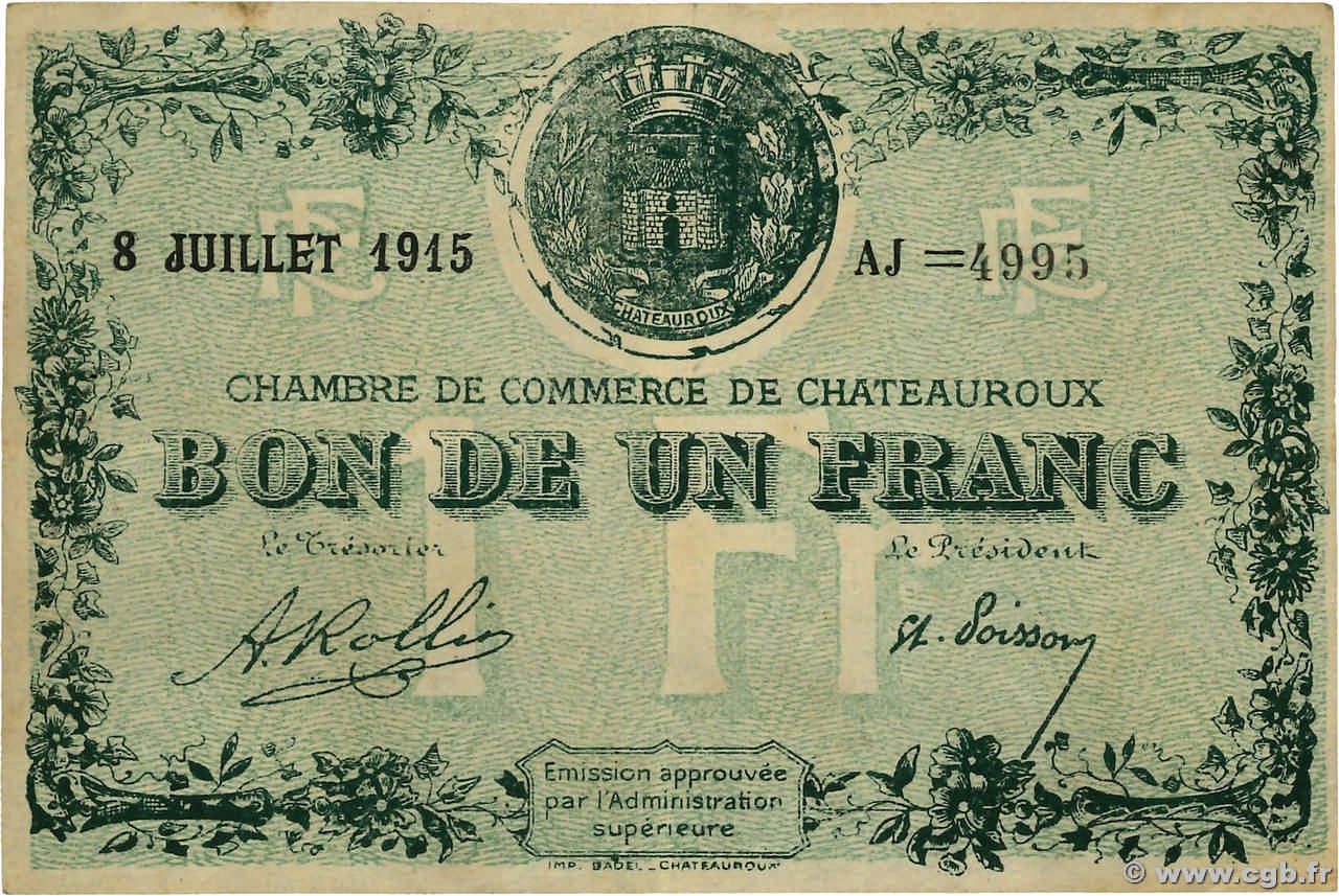 1 Franc FRANCE régionalisme et divers Chateauroux 1915 JP.046.07 TTB+