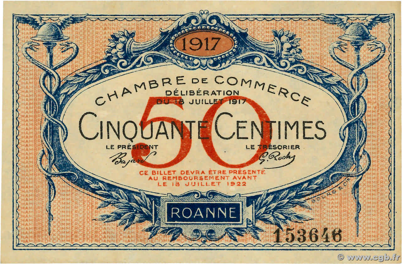 50 Centimes FRANCE régionalisme et divers Roanne 1917 JP.106.09 SPL