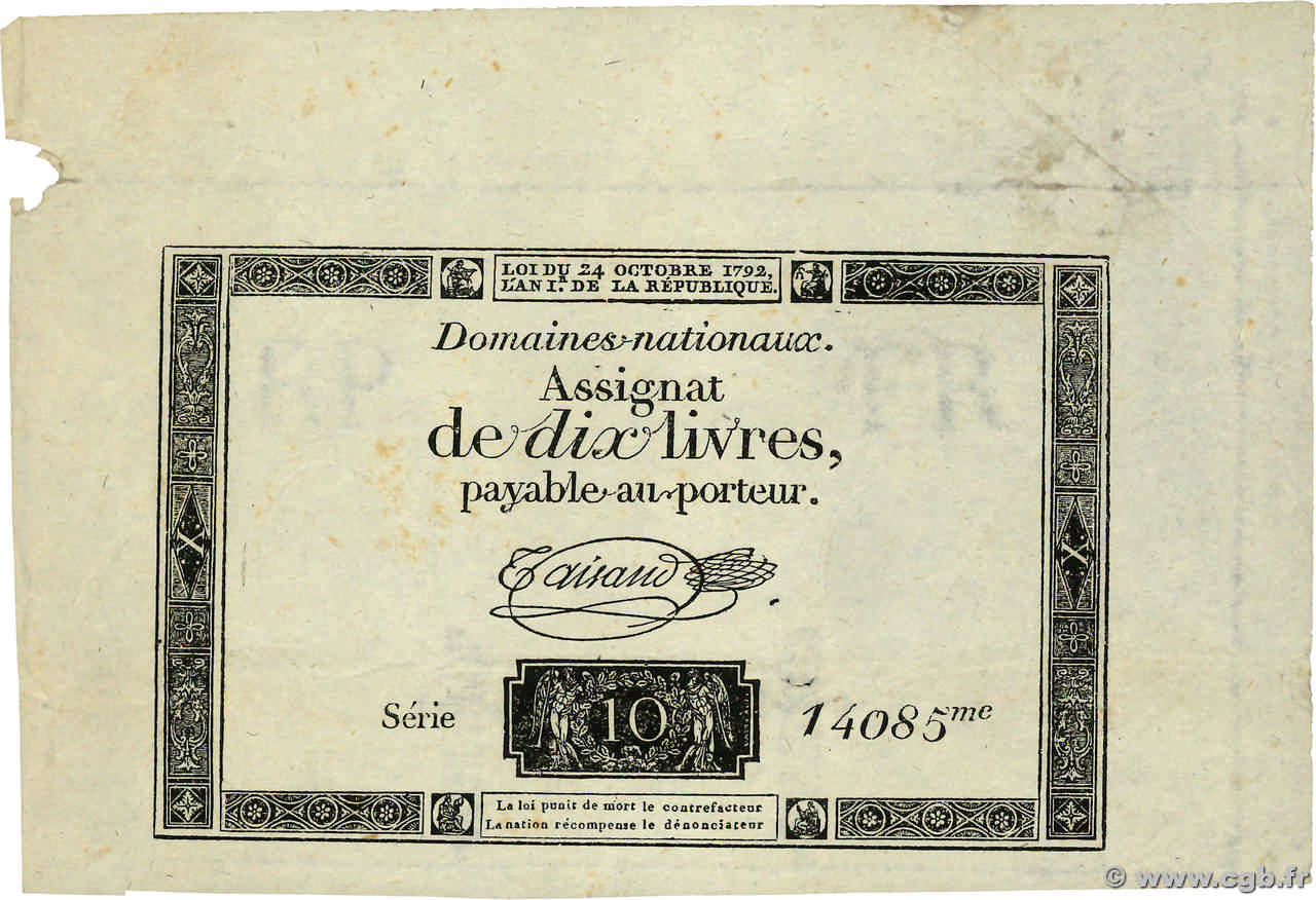 10 Livres filigrane républicain, gravure modifiée FRANCE  1792 Ass.36c TTB+