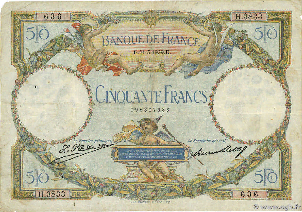 50 Francs LUC OLIVIER MERSON FRANCE  1929 F.15.03 B