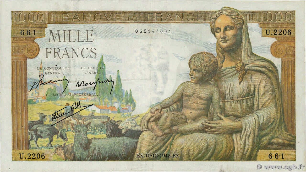 1000 Francs DÉESSE DÉMÉTER FRANCE  1942 F.40.13 TTB