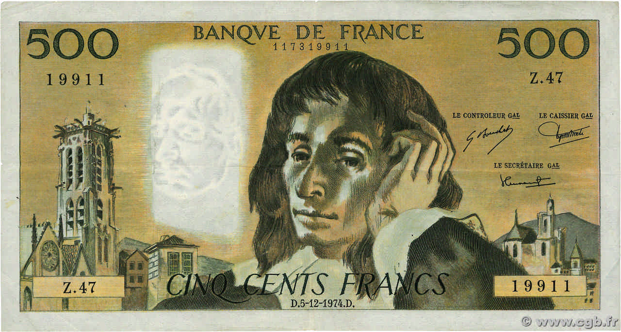 500 Francs PASCAL FRANCE  1974 F.71.12 TB+