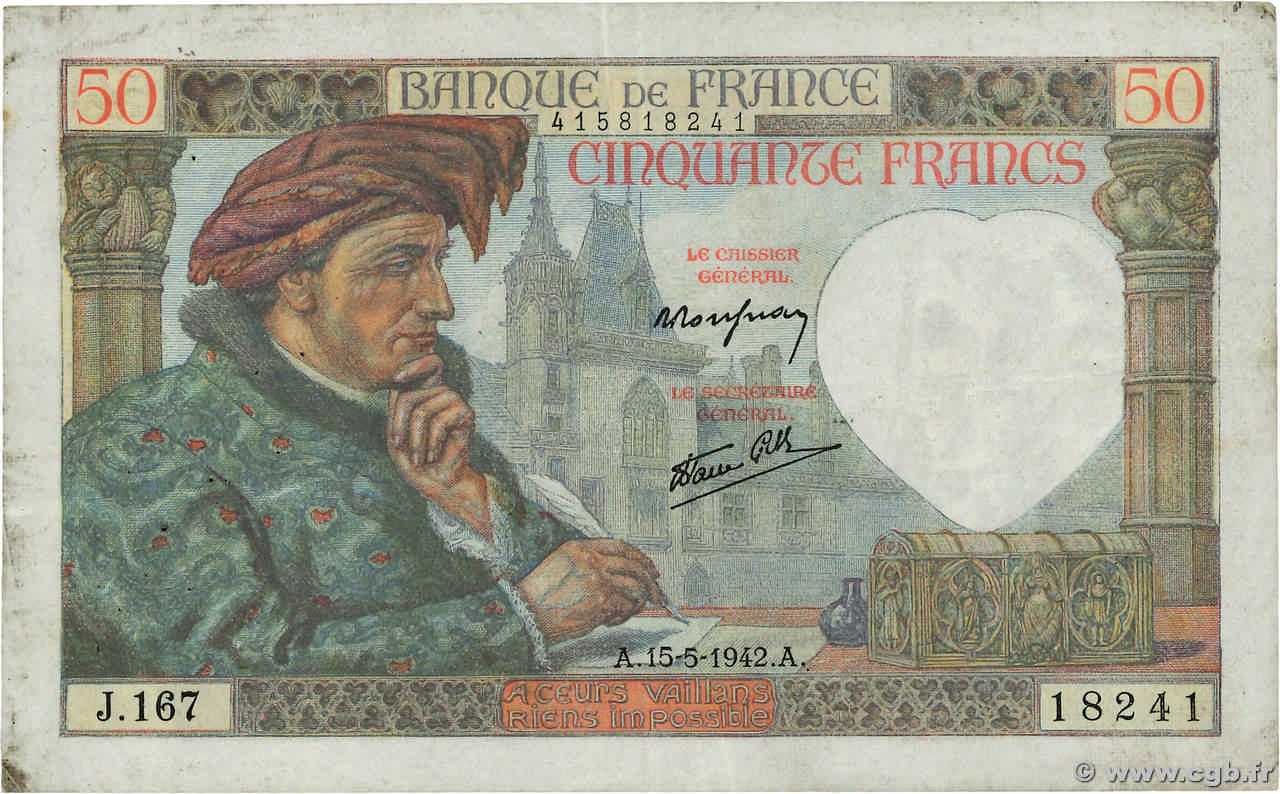 50 Francs JACQUES CŒUR FRANCE  1942 F.19.20 TTB