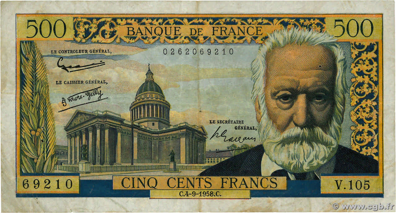 500 Francs VICTOR HUGO FRANCE  1958 F.35.10 TB