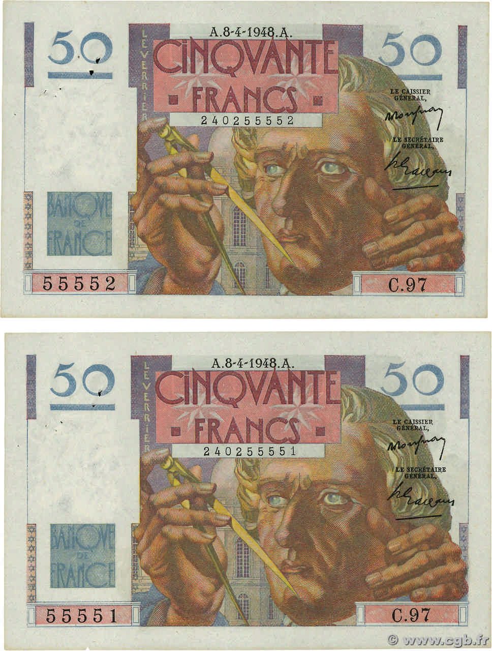 50 Francs LE VERRIER Consécutifs FRANCE  1947 F.20.09 SUP