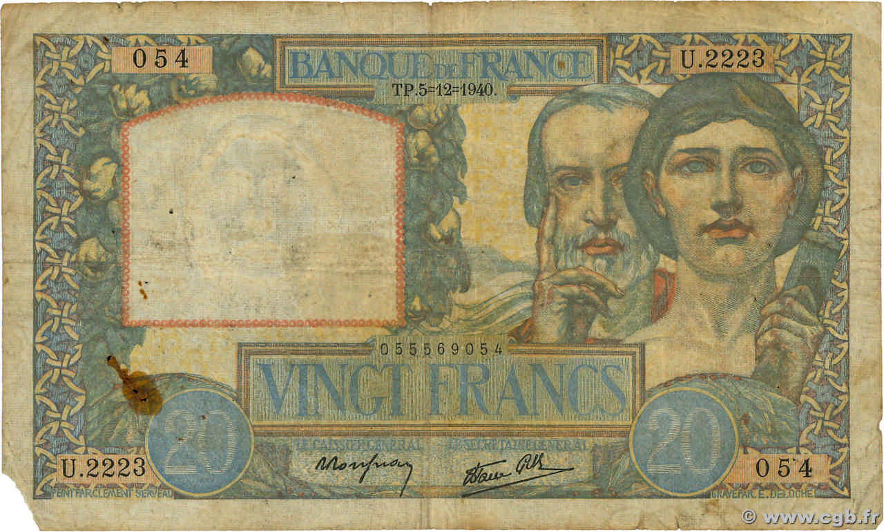 20 Francs TRAVAIL ET SCIENCE FRANCE  1940 F.12.10 B