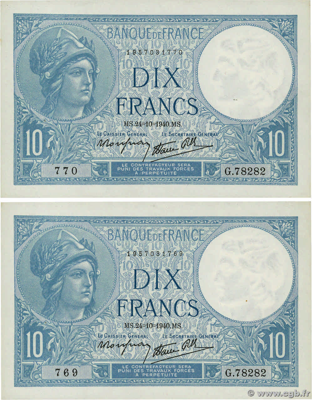10 Francs MINERVE modifié Consécutifs FRANCE  1940 F.07.18 SUP+