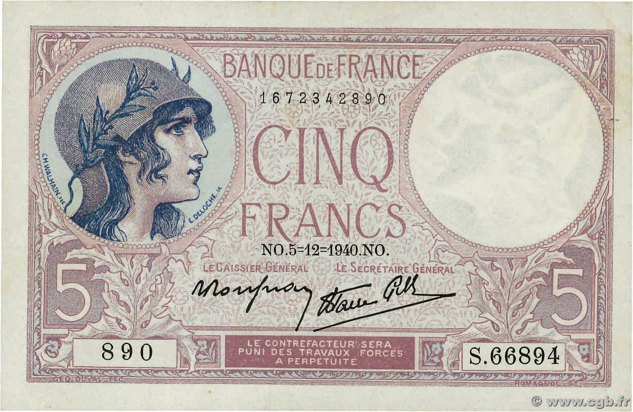 5 Francs FEMME CASQUÉE modifié FRANKREICH  1940 F.04.16 fVZ