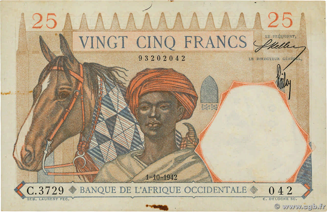 25 Francs FRENCH WEST AFRICA  1942 P.27 BB