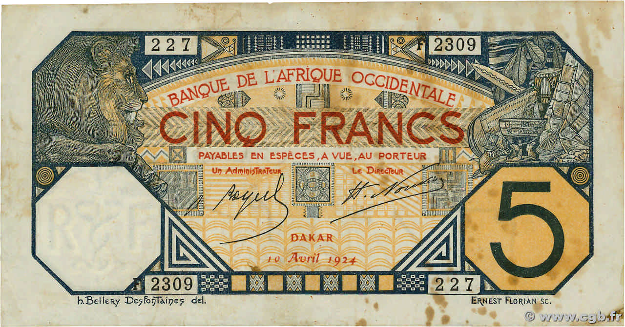5 Francs DAKAR AFRIQUE OCCIDENTALE FRANÇAISE (1895-1958) Dakar 1922 P.05Bb TTB
