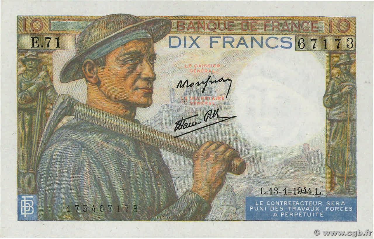 10 Francs MINEUR FRANCE  1944 F.08.10 NEUF