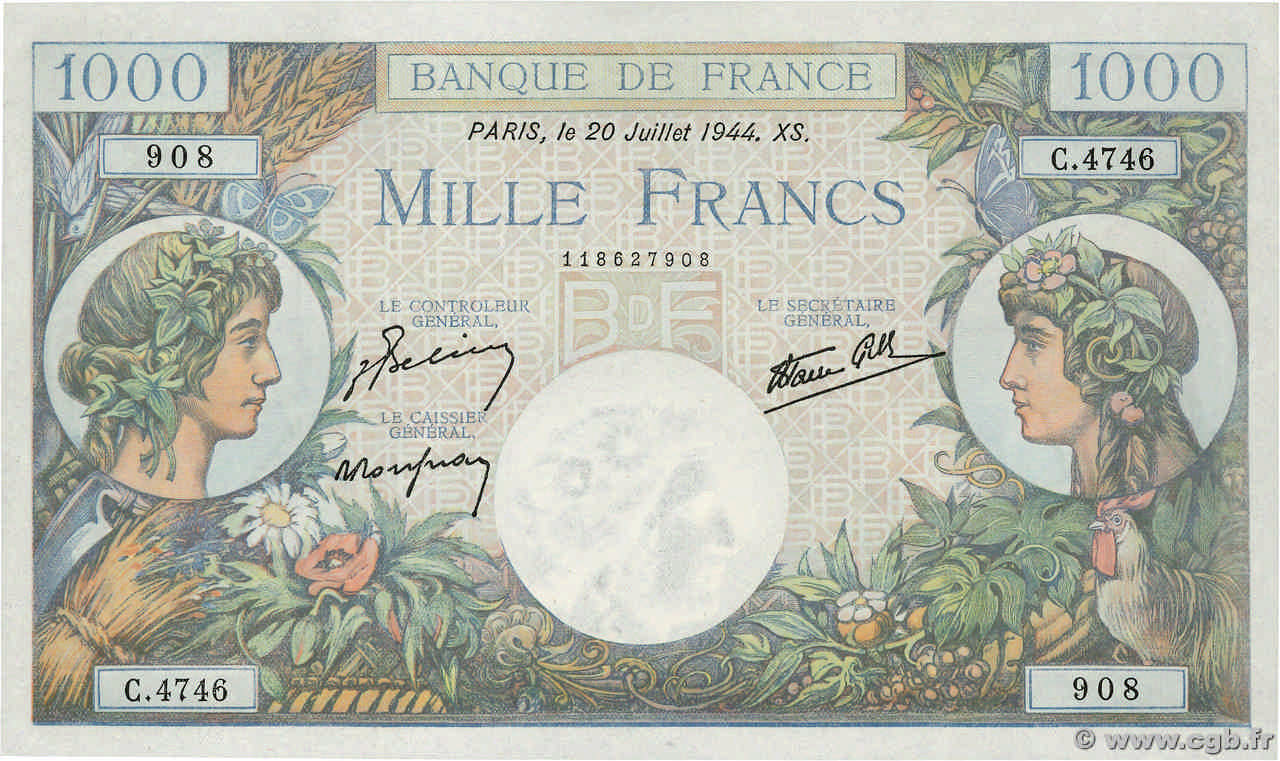 1000 Francs COMMERCE ET INDUSTRIE FRANCE  1944 F.39.12 TTB+