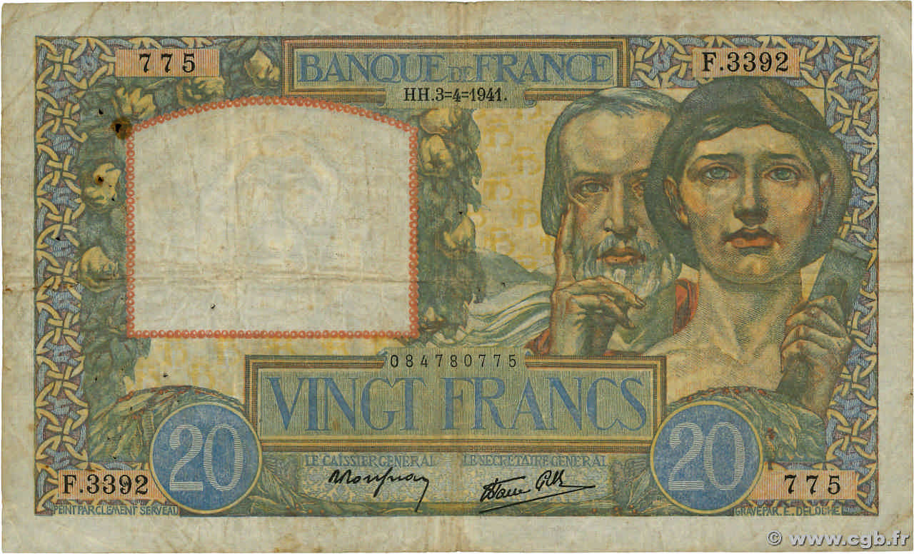 20 Francs TRAVAIL ET SCIENCE FRANCE  1941 F.12.13 B+