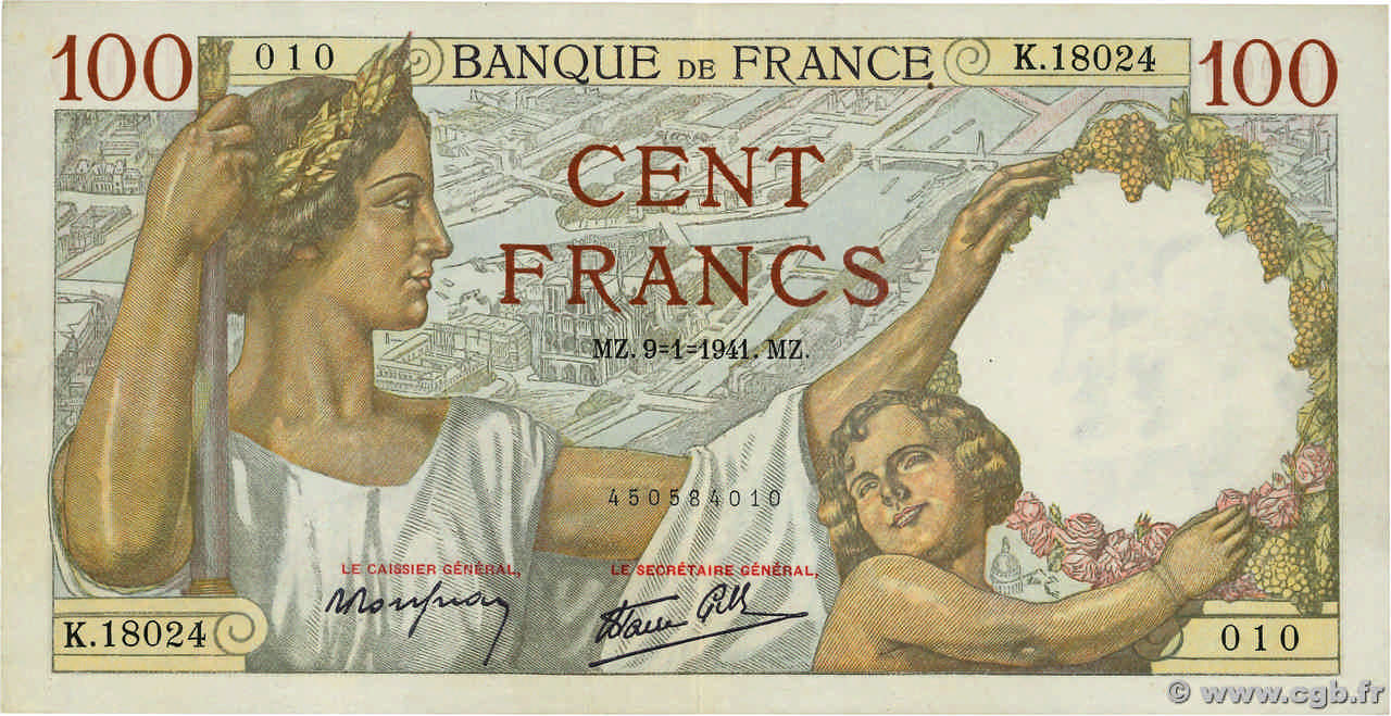 100 Francs SULLY FRANKREICH  1941 F.26.44 VZ