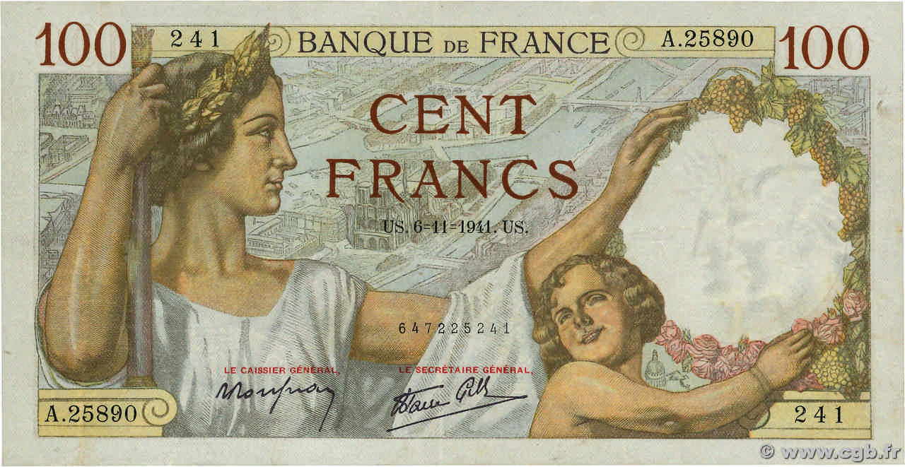 100 Francs SULLY FRANCE  1941 F.26.60 TTB+