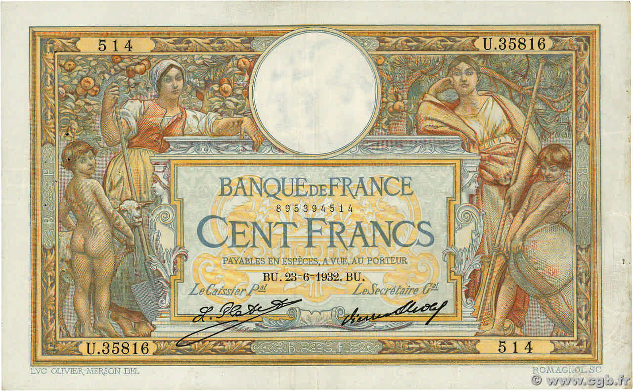 100 Francs LUC OLIVIER MERSON grands cartouches FRANCE  1932 F.24.11 TTB