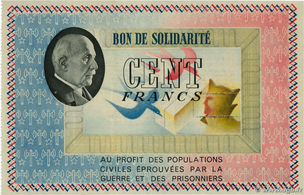 100 Francs BON DE SOLIDARITÉ FRANCE régionalisme et divers  1941 KL.10C1 SPL
