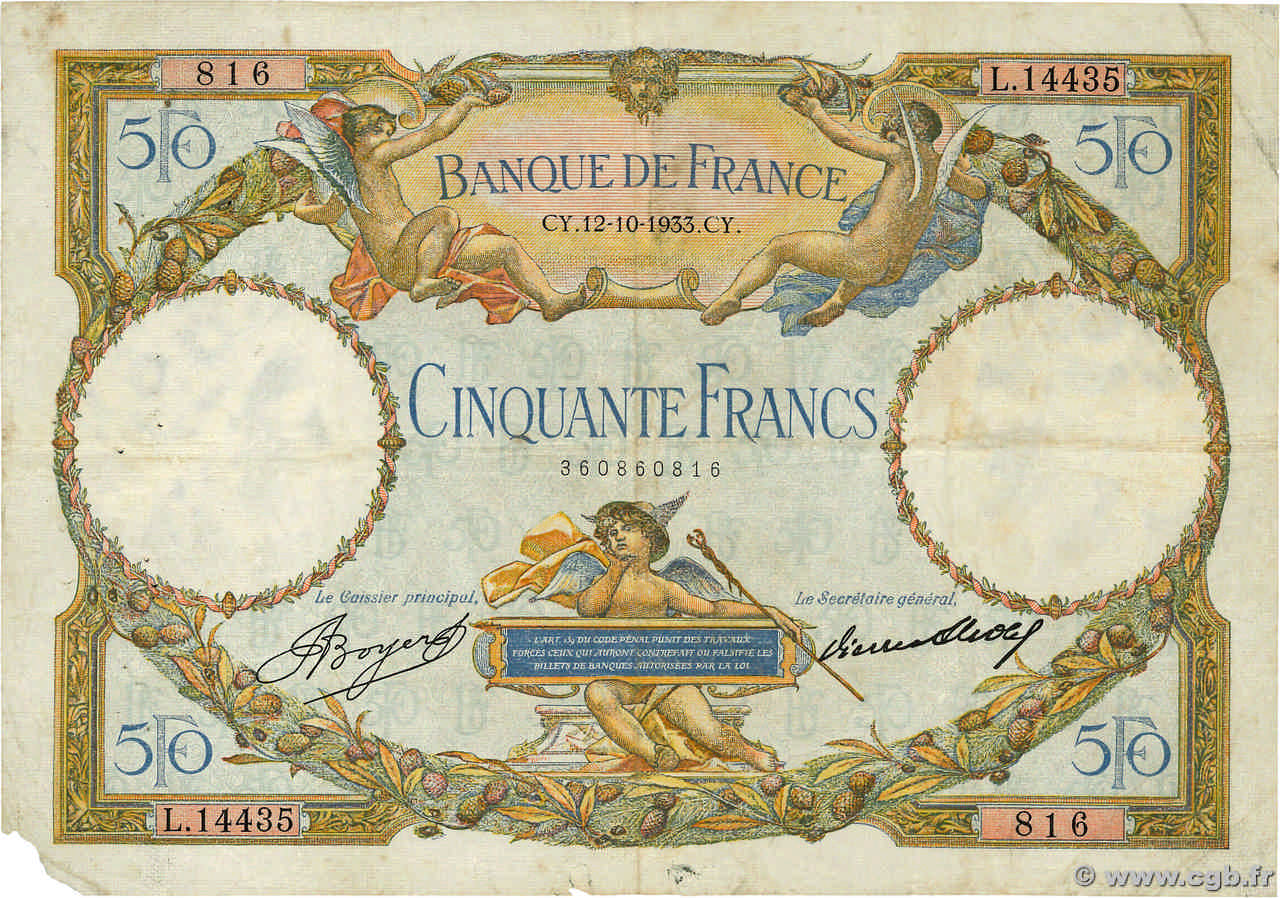 50 Francs LUC OLIVIER MERSON type modifié FRANCE  1933 F.16.04 TB