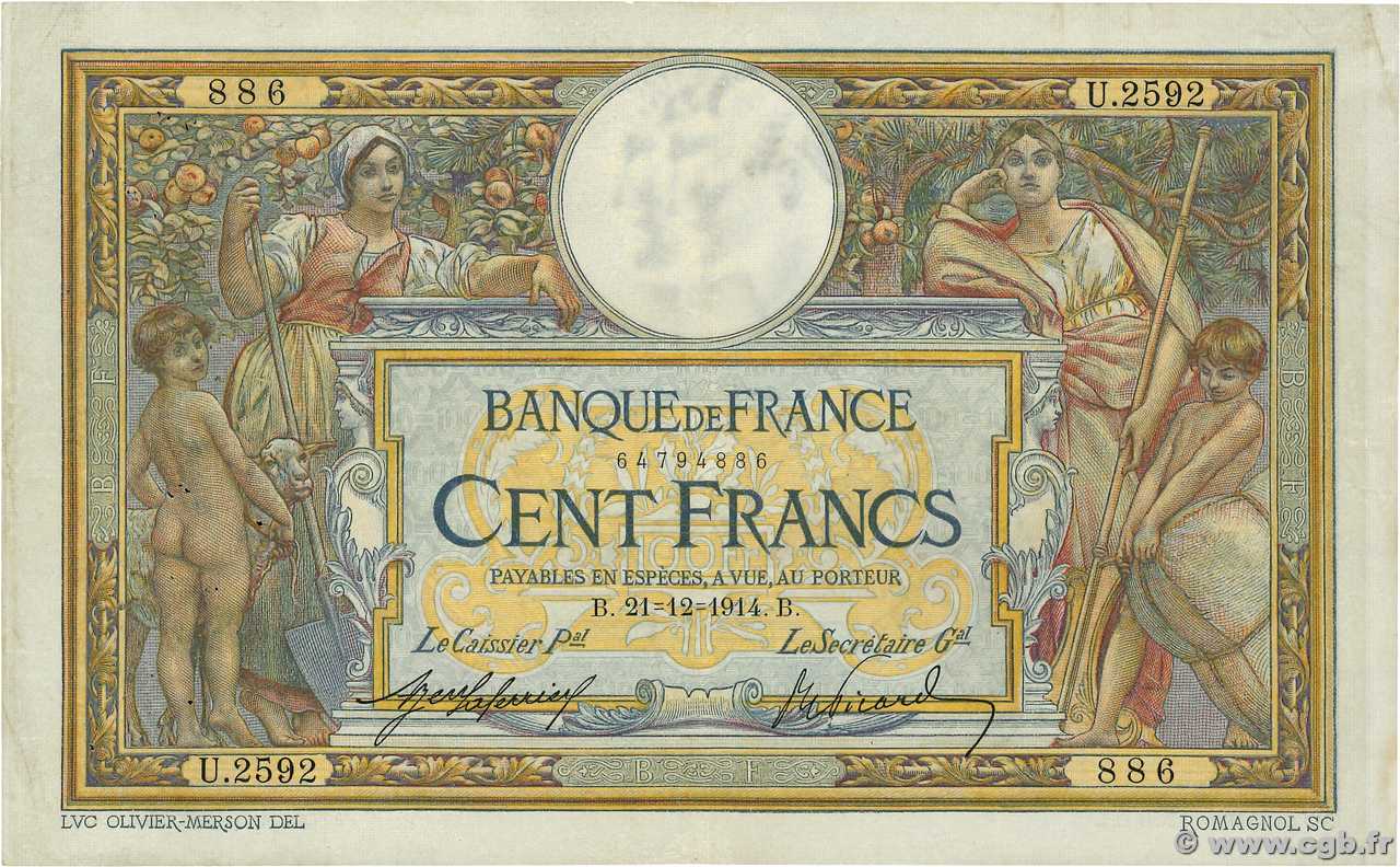 100 Francs LUC OLIVIER MERSON sans LOM FRANCE  1914 F.23.06 TB